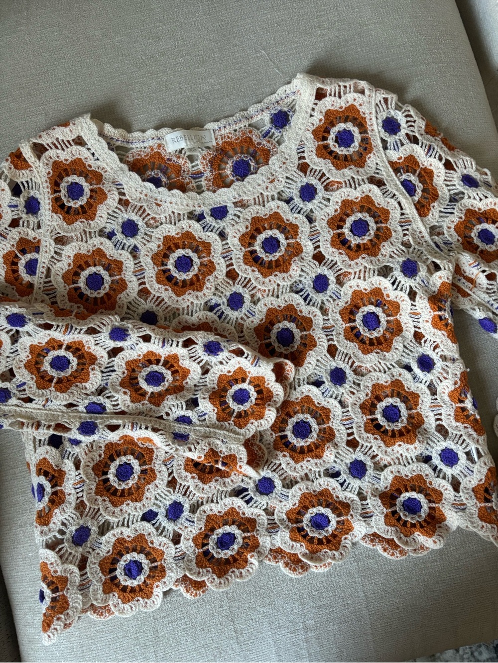 Reformation Crochet Floral Tunic in Cream, Rust & Purple